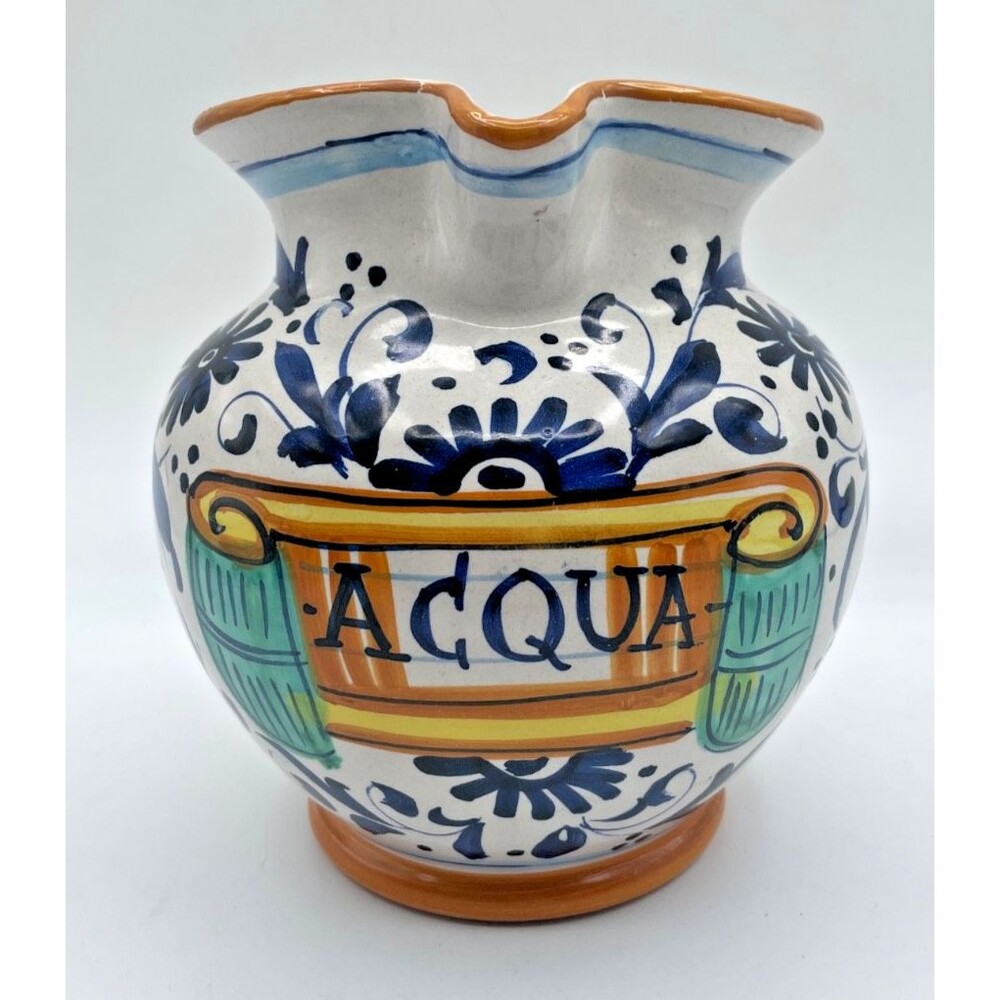 Ricco Deruta Italy Pitcher Hand Painted "ACQUA" Colorful Floral Scroll 6”
